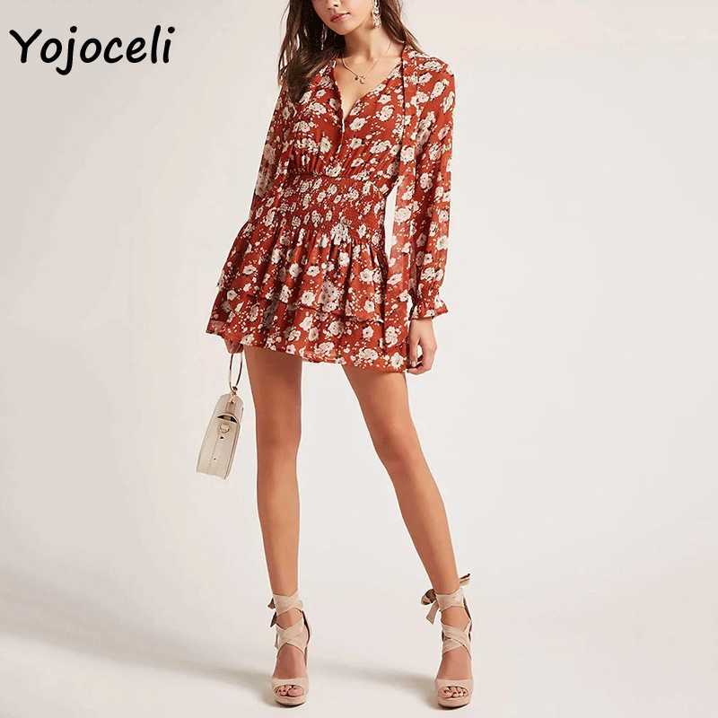 Yojoceli floral print v neck bow dres spring shirred boho beach mini 210609