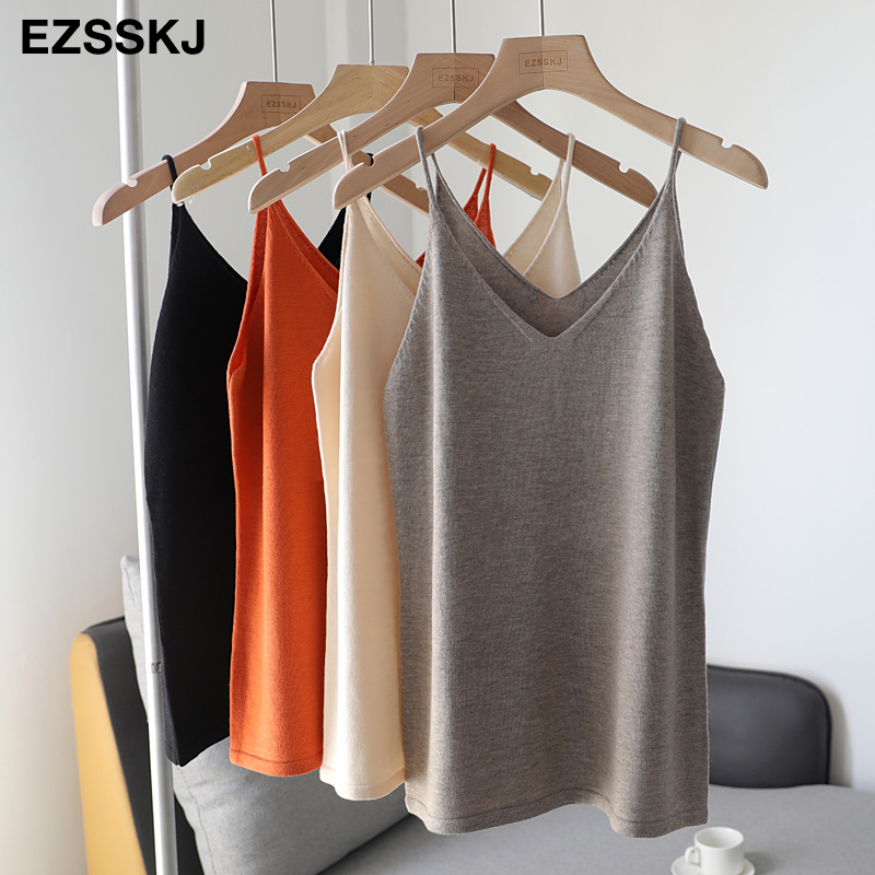 spring summer chic basic V-NECK camisole Summer knit Tank top Women basic cotton camisole female casual solid cashmere top 201028