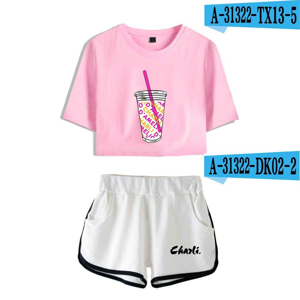 Rholycrown Women's Two Piece Shorts Cute T-Shirt Haruku Print Wer Ice Coffee Splash Charli Damelio Girl Set 210302