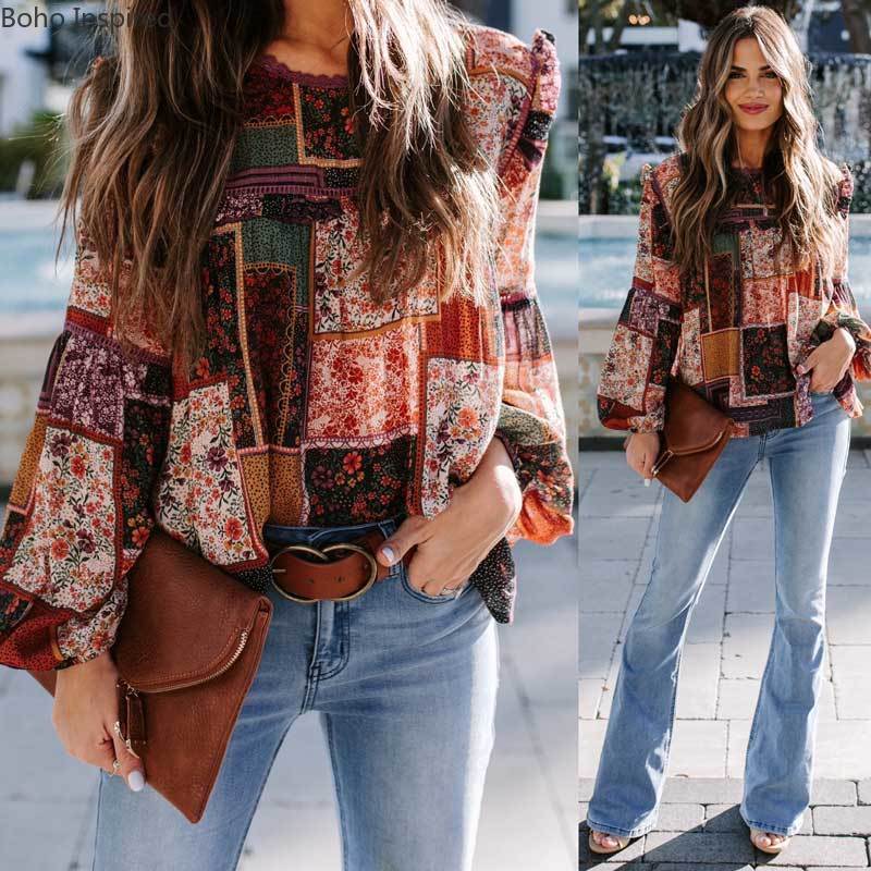 BOHO INSPIRED Floral quilted patchwork Top Long Sleeve Blouses Shirts Tops Boho Print Top plus size shirt and blouse for women 210225