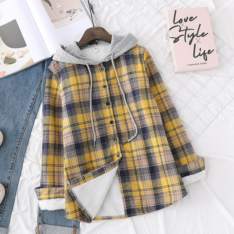 Winter Velvet Hoodies Womens Thick Plaid Shirts Long Sleeve Keep Warm Casual Female Clothes Outwear Coat Hoody Jacket 201217