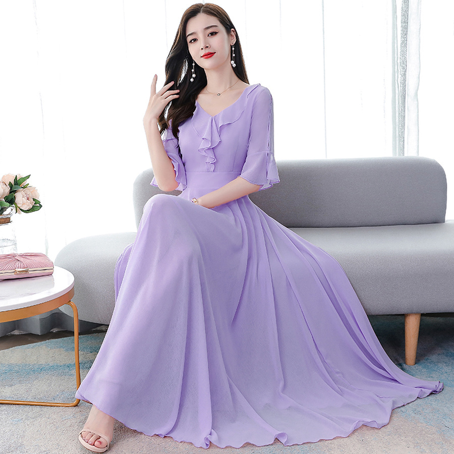 Quality 2021 High Solid Chiffon Sweet Maxi Dress Summer Vintage 4XL Plus Size Midi Sundress Women Elegant Bodycon Party Vestidos C0304