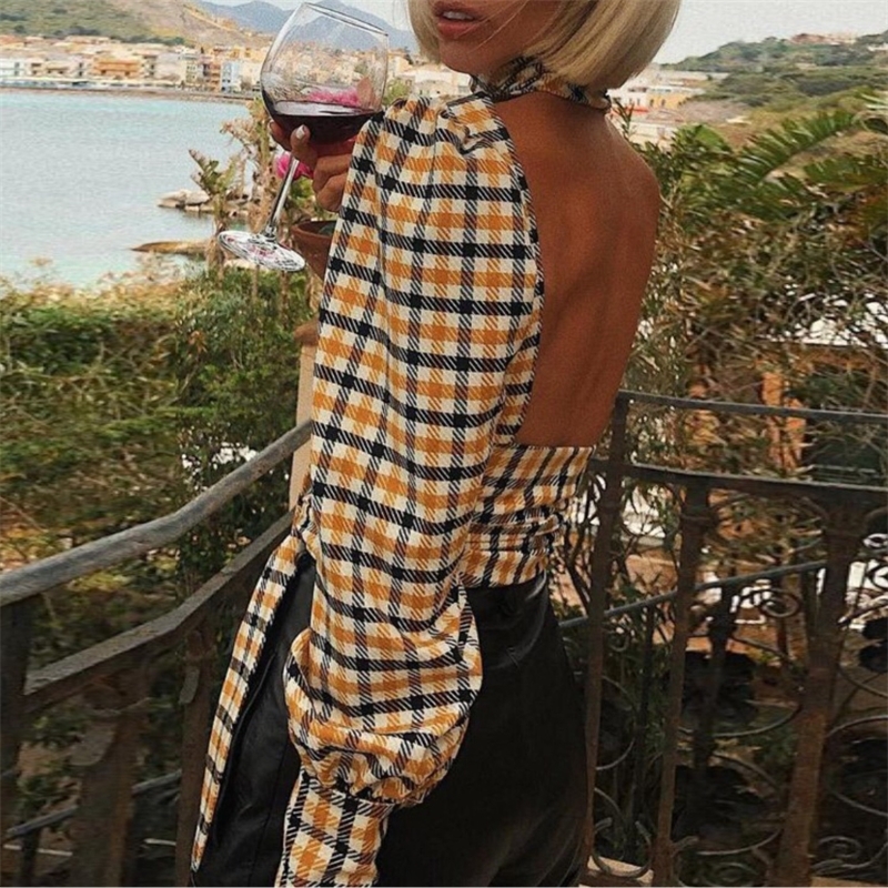 Autumn New Womens Sexy Blouse Ladies Long Sleeve Backless Bandage Tops Casual Plaid Shirts Hollow Out Turtle Neck Blouse T200322