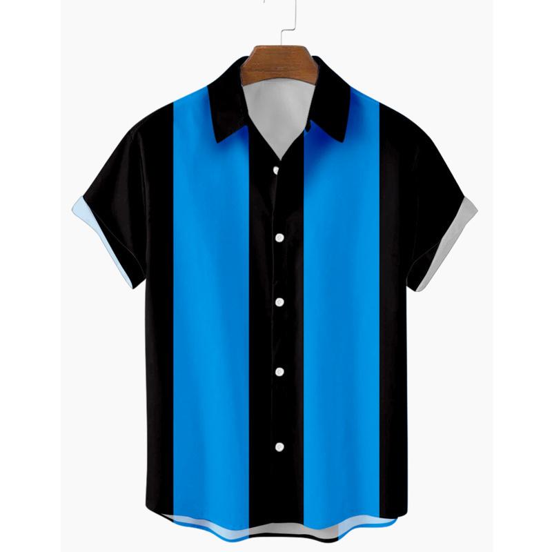 Men's Casual Shirts 2021 Summer Light Bowling Men Vertical Striped Printed Lapel Short Sleeve Blouse Tops Button Up Shirt