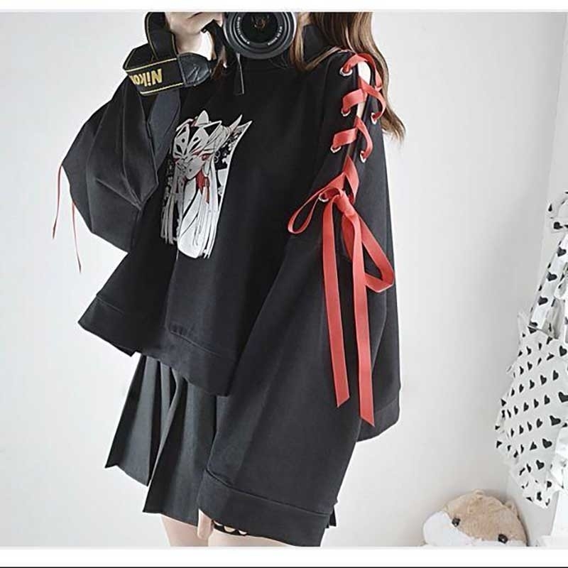 NiceMix Japanese Lolita Vintage Harajuku Anime Fox Print Lace-up Long Sleeve Hoodie Shirts Dark Girl Punk Street Sweatshirt Tops T200730