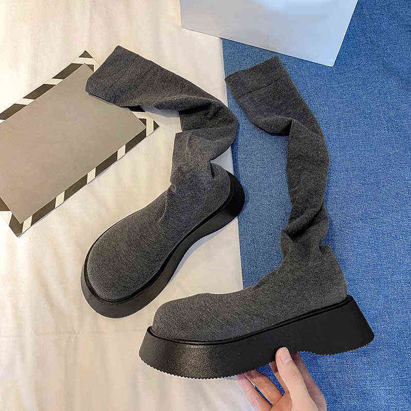 Women Over The Knee Boots Stretch Fabric Solid Ladies Sock Boots Slip On Fashion Female Long Boots Autumn Elegant Platform Shoes H1116