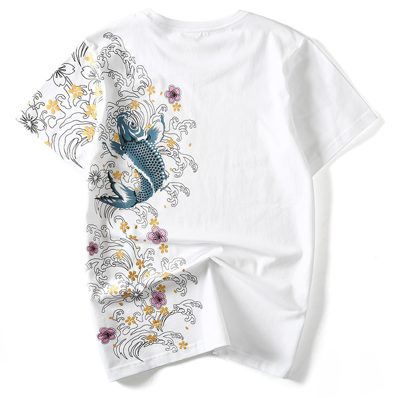 Summer Men T Shirt Koi Embroidery New Chinese Style O-Neck Cotton Tees Men's Short Sleeve Streetwear Fashion Casual T-shirt T200224