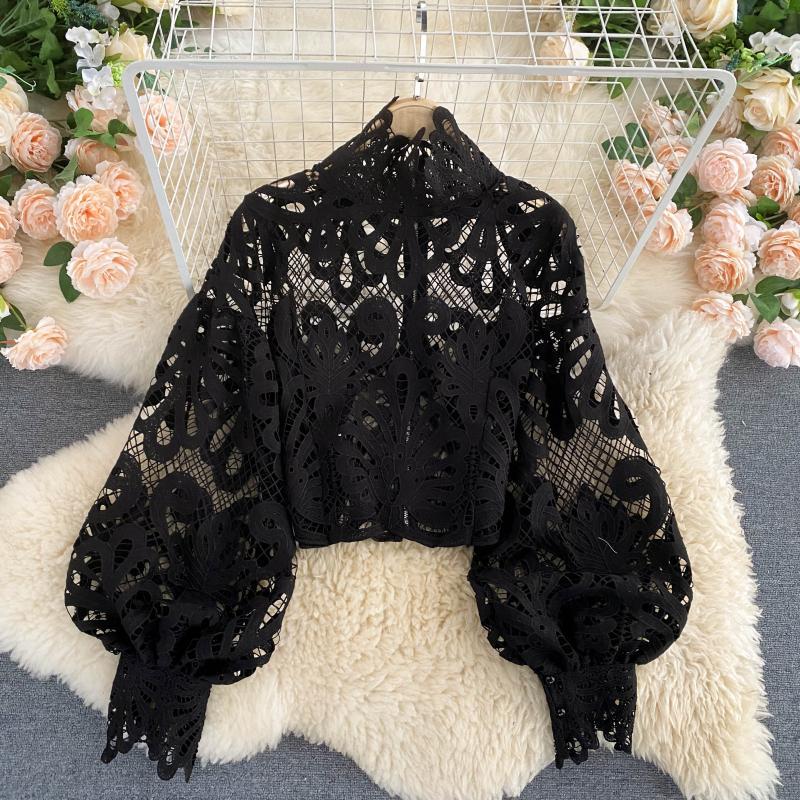 Sexy Lace Hollow Out Short Blouse Casual Lantern Long Sleeve Stand Collar Shirts Female Elegant Red/Pink/White Loose Tops 210225