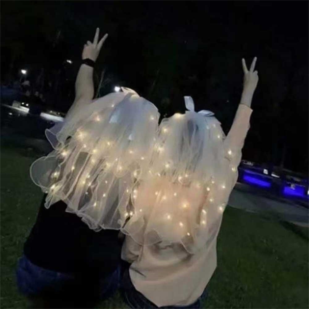 

60CM LED luminous wedding veil pearls white bridal veils for kids princess party headdress mantilla yarn Fairy Ribbon Bow hair bows decor G65ECM0