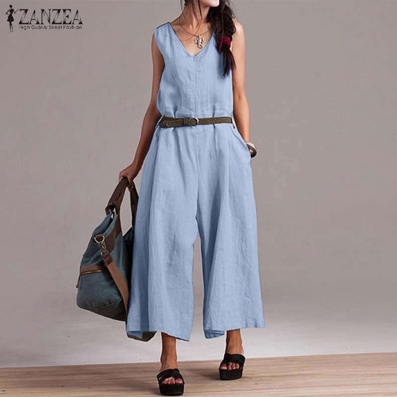 Wide Leg Pants Women's Jumpsuits ZANZEA Plus Size Linen Overalls Woman V Neck Rompers Female Sleeveless Summer Pantalon 5XL T200107