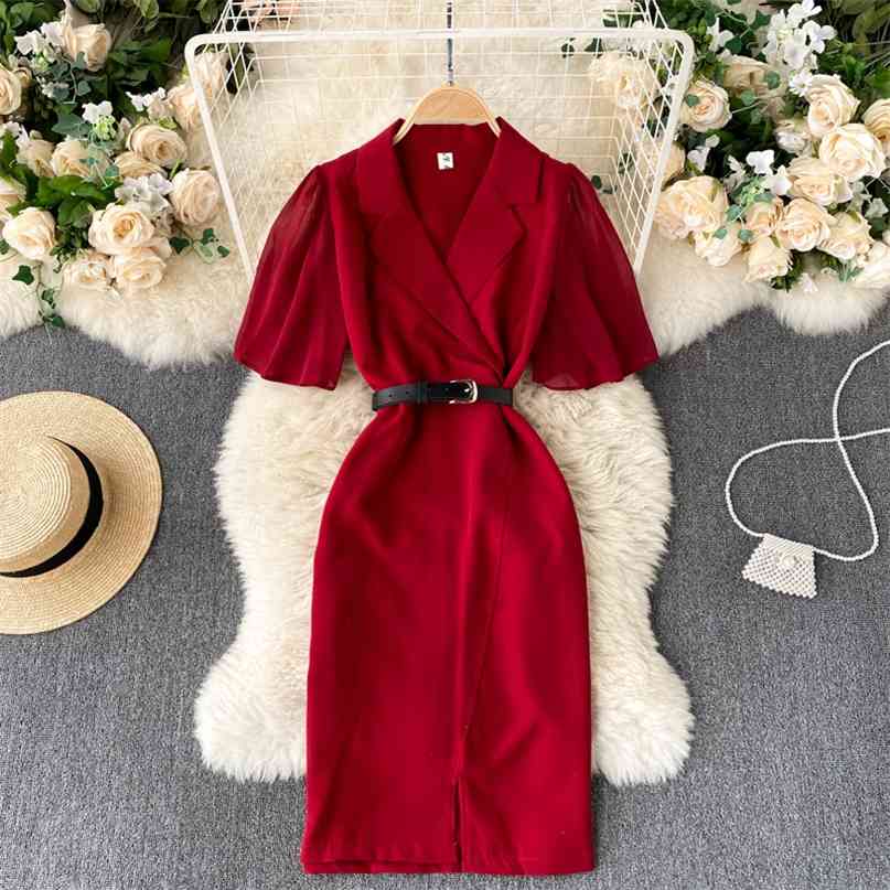 Korean Fashion Women Work Wear Dress Notched Collar Short Sleeve Belted Casual Office Lady Knee Length Pencil Summer 210603, Black 
Korean Fashion Women Work Wear Dress Notched Collar Short Sleeve Belted Casual Office Lady Knee Length Pencil Summer 210603, Black