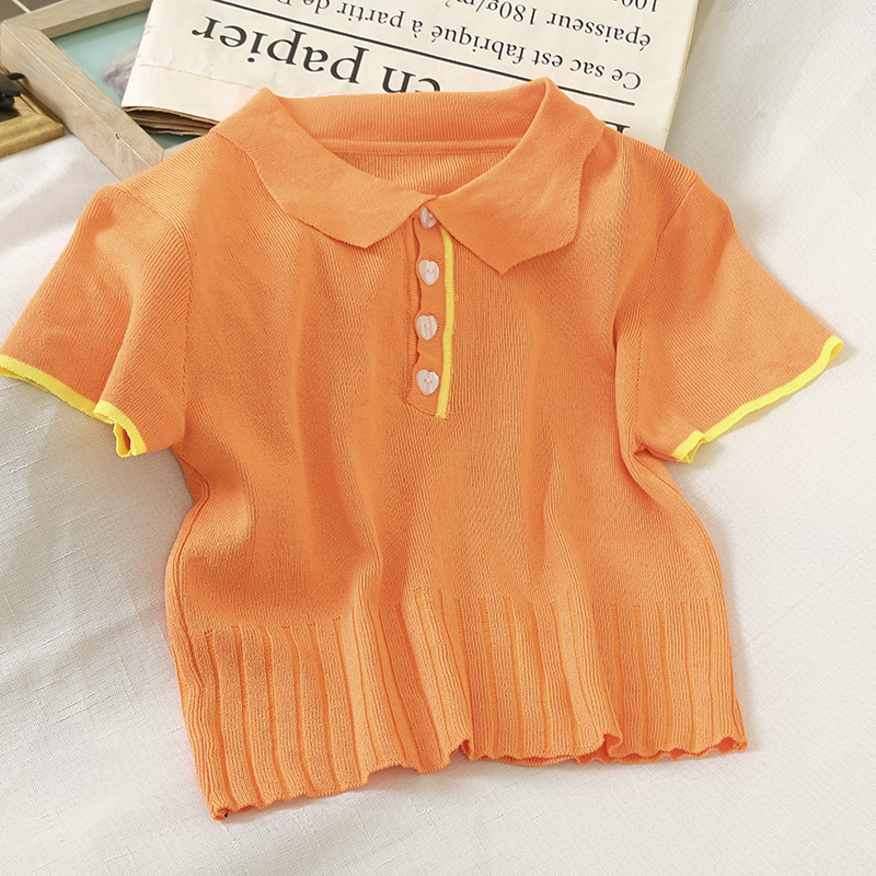 HELIAR Solid Polo Shirt Women Peter pan Collar T-shirts Knitted Short Sleeve Casual Summer T-shirts For Women Tees 210306