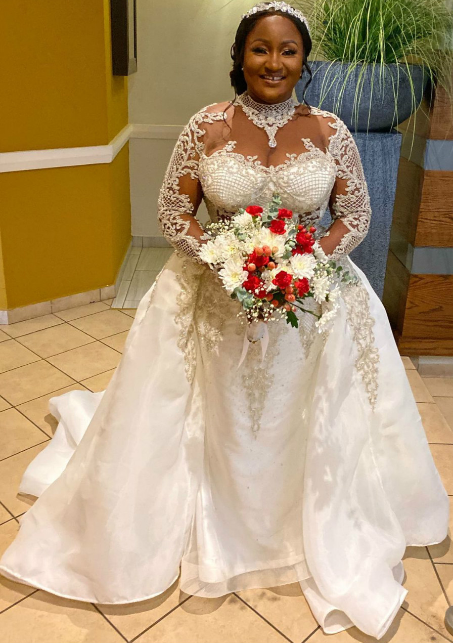 2021 Plus Size Arabic Aso Ebi Luxurious Lace Beaded Wedding Dresses Sheer Neck Mermaid Bridal Dresses Long Sleeves Wedding Gowns ZJ206