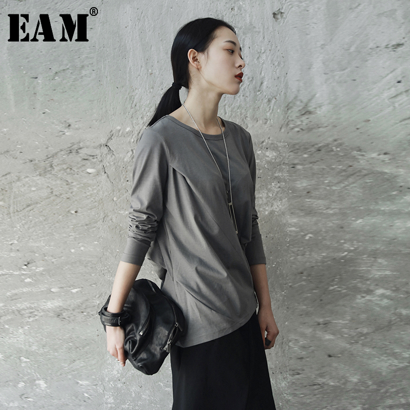 [EAM] 2021New Spring Autumn Round Neck Long Sleeve Black Fod Split Joint Loose Elastic T-shirt Women Fashion Tide JE82701S 210302