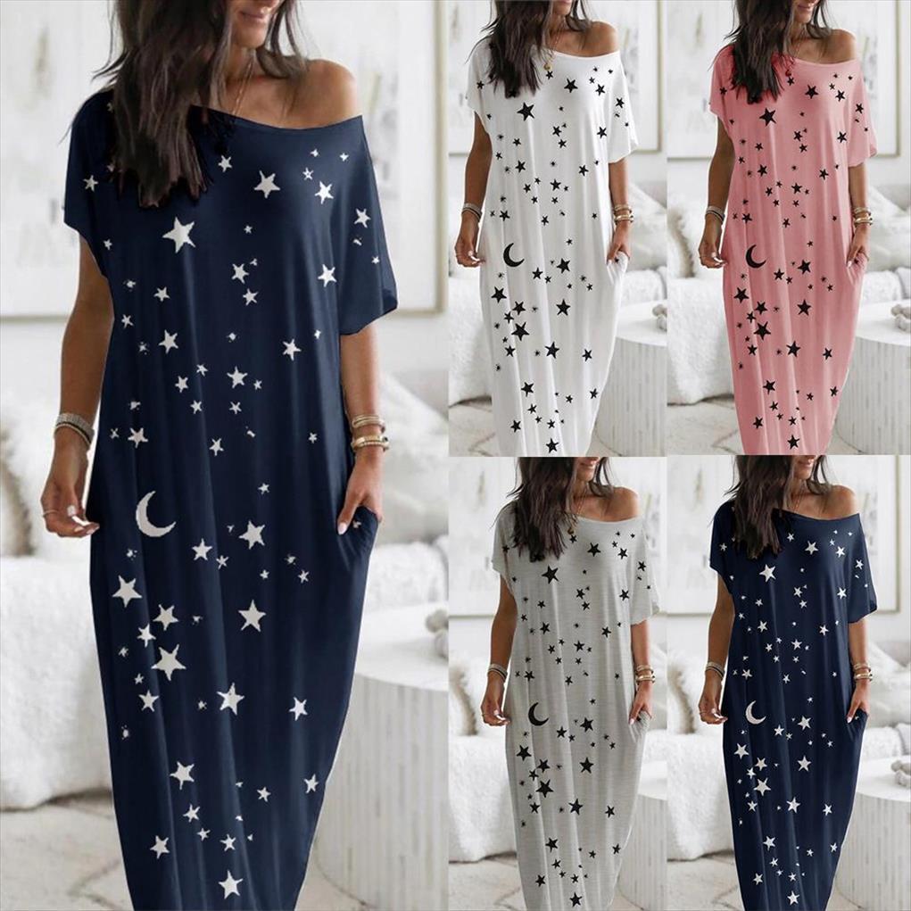 casual short sleeve stars moon women dresses print one shoulder pockets loose long dress, Black;gray
casual short sleeve stars moon women dresses print one shoulder pockets loose long dress, Black;gray