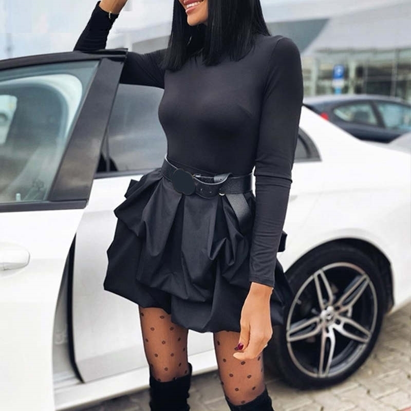 Solid Long Sleeve Mini Bud Black Women Party Night Dress 201008