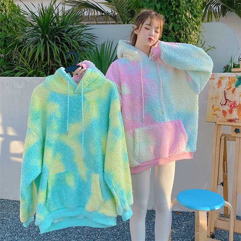 Winter Rainbow Kawaii Fur Hoodies Women Warm Sweet Oversized Hoodie Female Harajuku High Street Korean Sweatshirt Women 210816