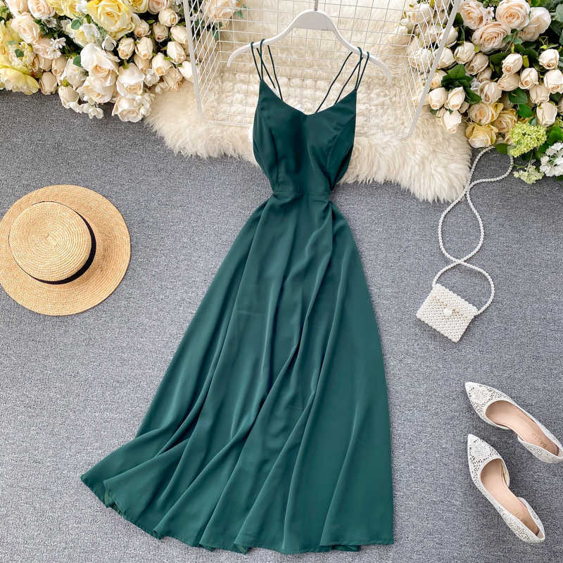 Elegant Clothes Seaside Holiday Backless High-waisted Slimming Solid Color Dress Women Sleeveless Vestidos De Fiesta L508 210527