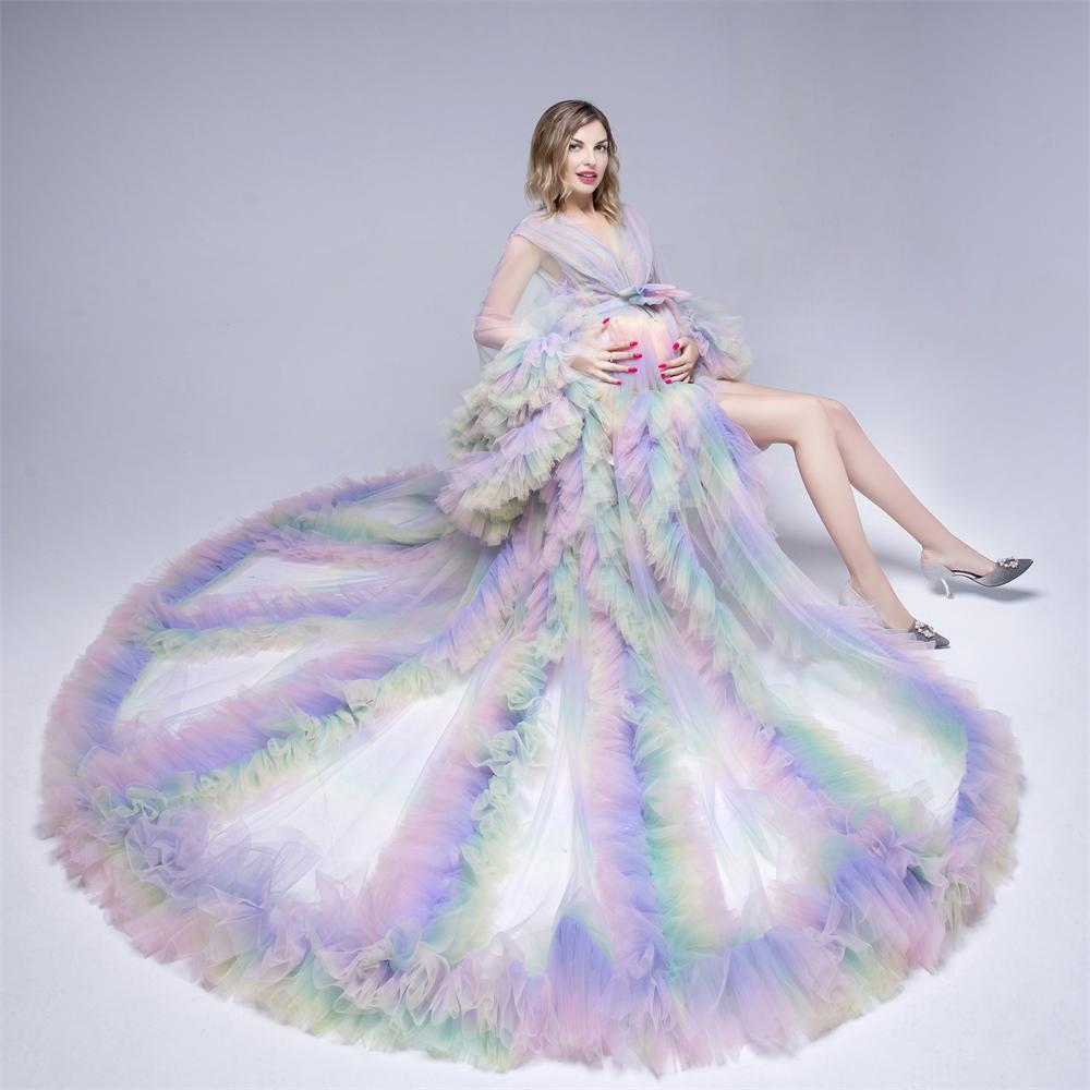 Real Photo See Thru Evening Dress Ruffles Rainbow Color Cap Sleeves Pregnant Women Sexy Prom Gowns Maternity Lingerie Nightwear