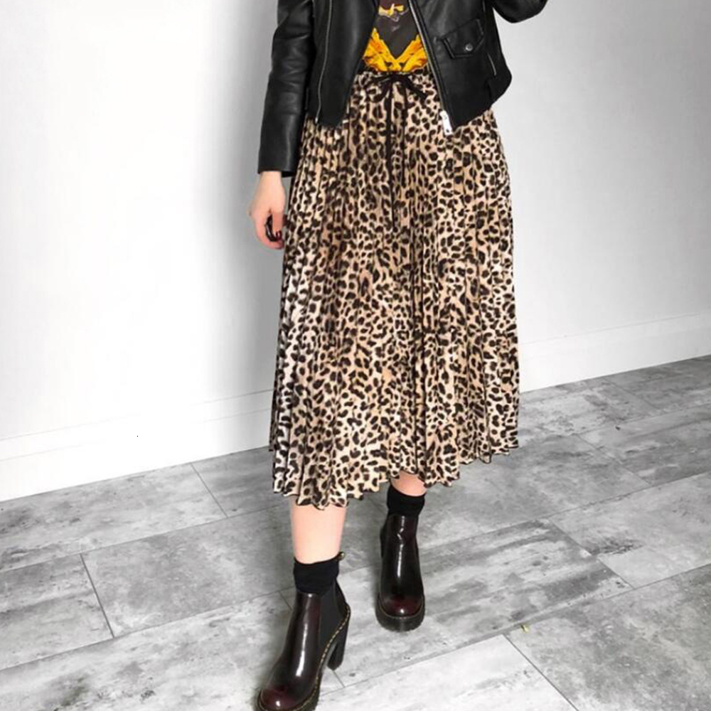 Jocoo Jolee Skirt Women Leopard Print Pleated Skirts Vintage Drawstring Elastic Waist Midi Skirts Casual Korean A Line Skirt 210309