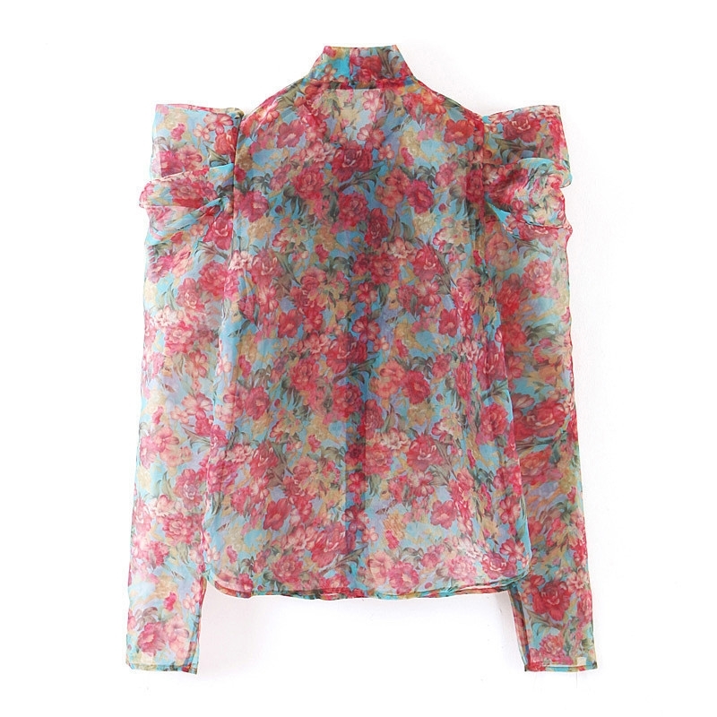 NSZ Women Floral Transparent Organza Blouse Sheer Top Bow Neck Sexy See Through Shirt Long Sleeve Elegant Top Chemise Femme T200322