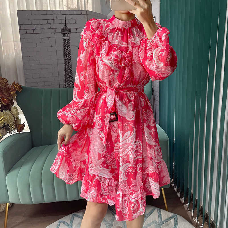 DEAT Women Ruffles Printing Dress Stand Neck Long Sleeve Lady Temperament Fashion Spring Summer 11D1878 210709
