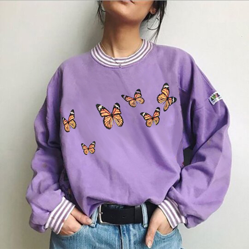 Women Hoodies Purple Autumn Round Neck Young Girls Female Printed Clothes Loose Cute Women Pullover Sweatershirts Oversize 201113