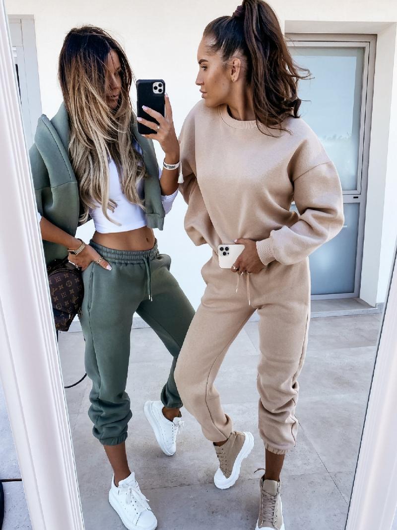Fashion Women Two Piece Pants Solid Color Full Sleeve Casual Sporty 2 Pieces Tops And Long Pant Tracuits