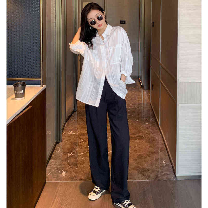 Retro Straight Wide Leg Brown Pants Vintage Female Korean High Waist Casual Long Navy Blue White Beige Trousers 211115