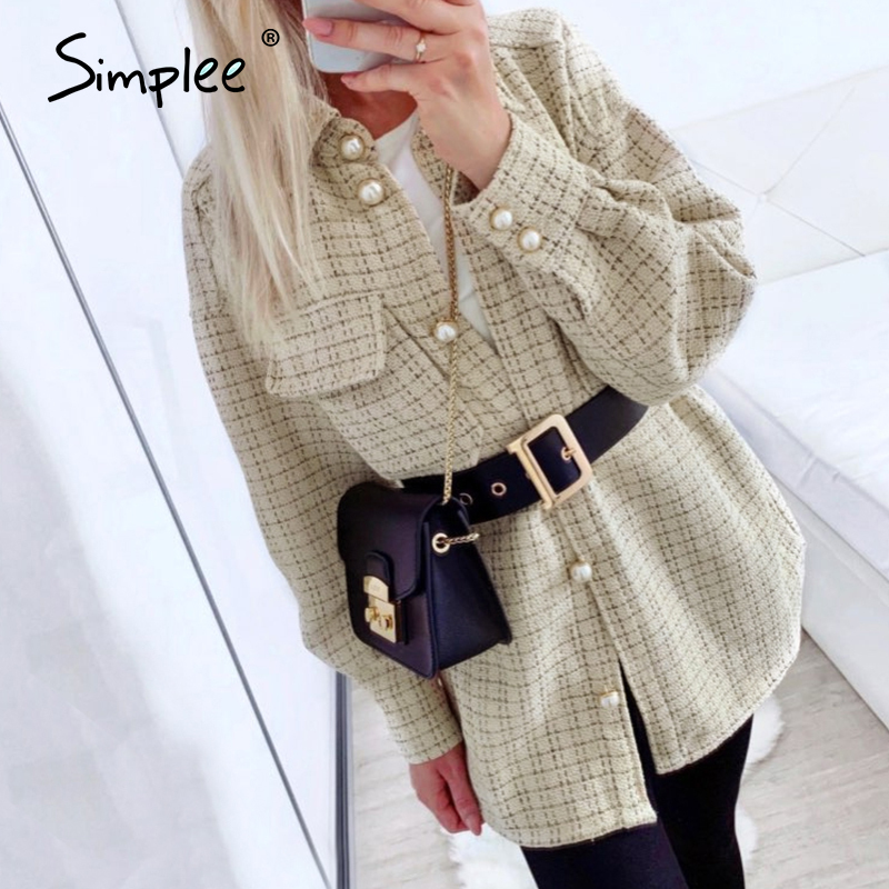 Simplee Elegant Pearl Tweed Plaid Shirt Women Autumn Winter Casual Loose Oversized Long Shirt High Street Fashion Women's Blouse 210225
