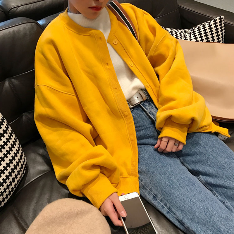Spring Autumn Harajuku Loose Sweatshirts Women Korean Long Lantern Sleeve Casual Zip-up Clothes Student Solid Fashion Sweatshirt 201102