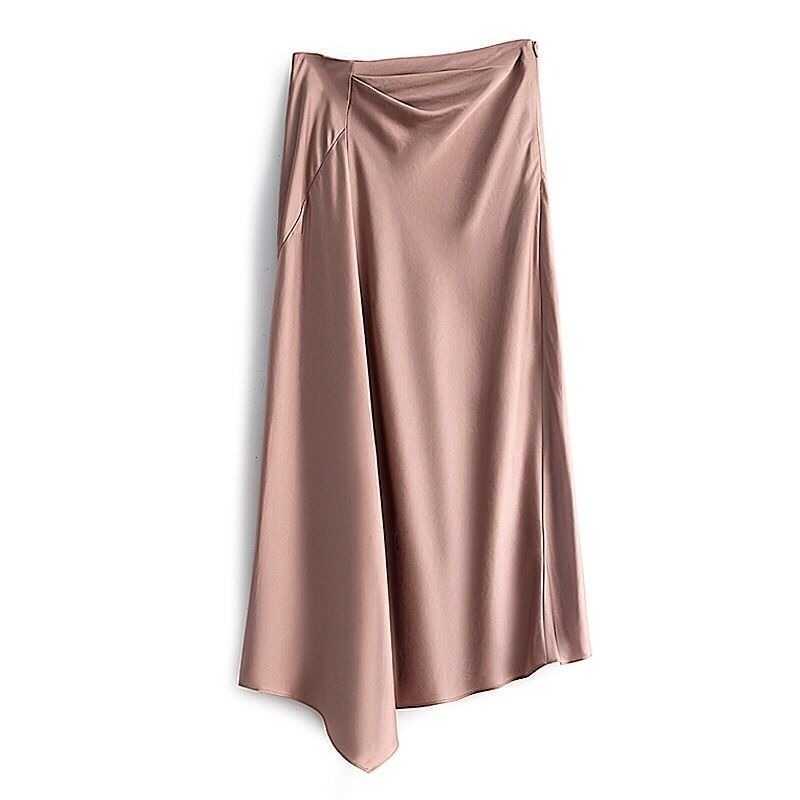 High-waisted Skirt Womens Korean Fashion Summer Satin Elegant Irregular Midi Office Lady Long s for Women 210621