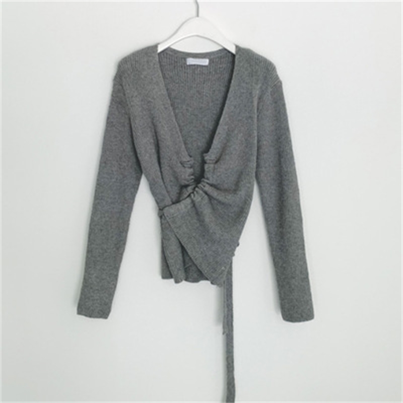 WOMENGAGA Spring V-neck base tops korean long sleeve sweater women's irregular knitwear sexy women JRN0 210603