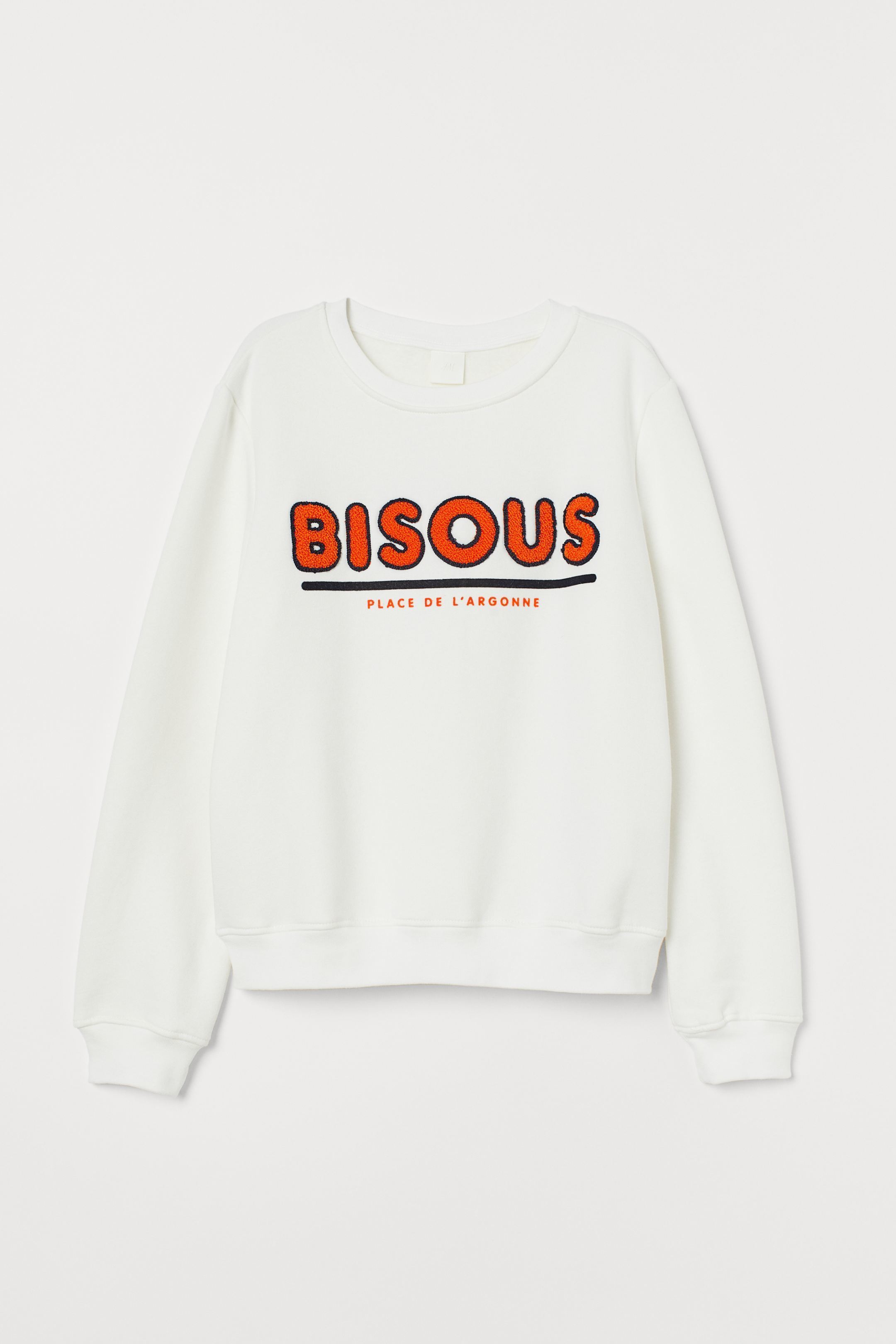 White women sweatshirt fabric soft sweatshirt motif in front and low shoulders slightly wide and long sleeves bisous pattern LJ201103