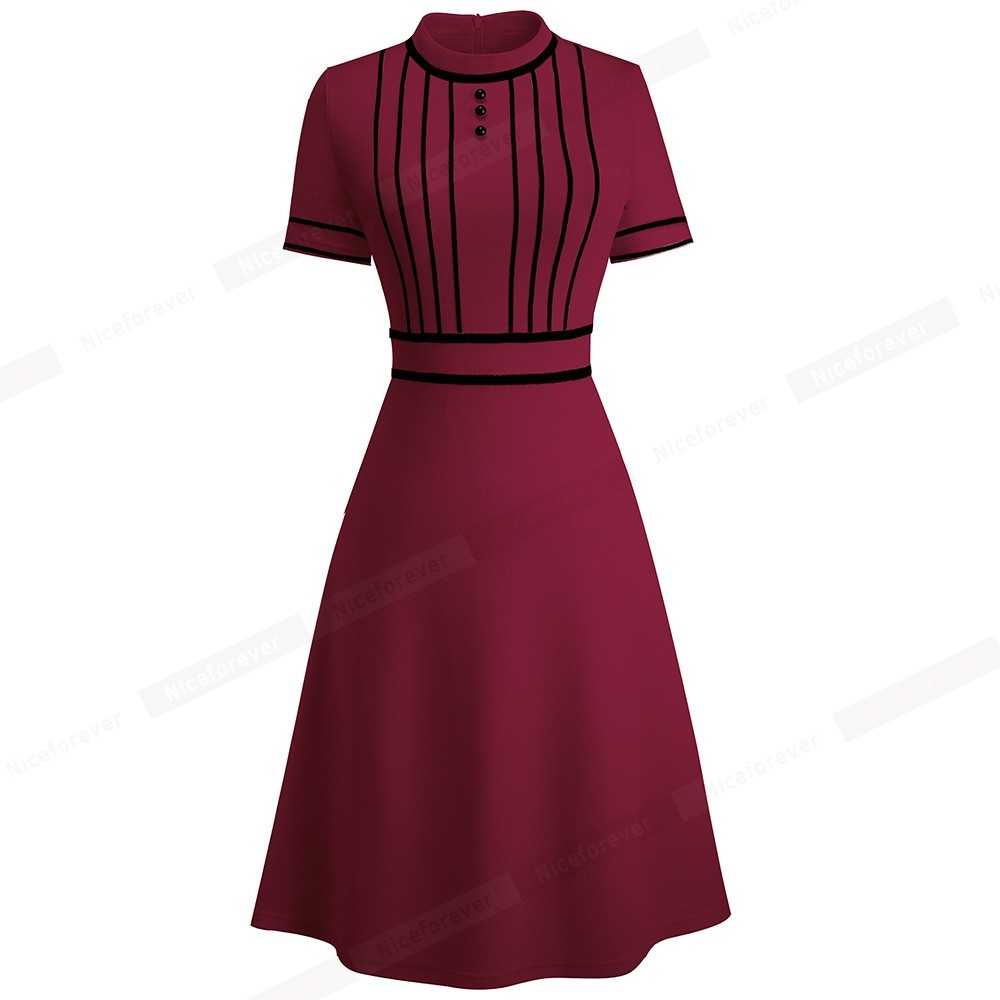 Nice-forever Summer Vintage Contrast Color Patchwork Elegant Dresses Business Formal Flare Swing Women Dress A245 210309