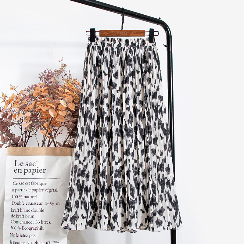 TIGENA Leopard Print Long Maxi Pleated Skirt Women Fashion Spring Summer Korean Elastic High Waist Chiffon Skirt Female 210306