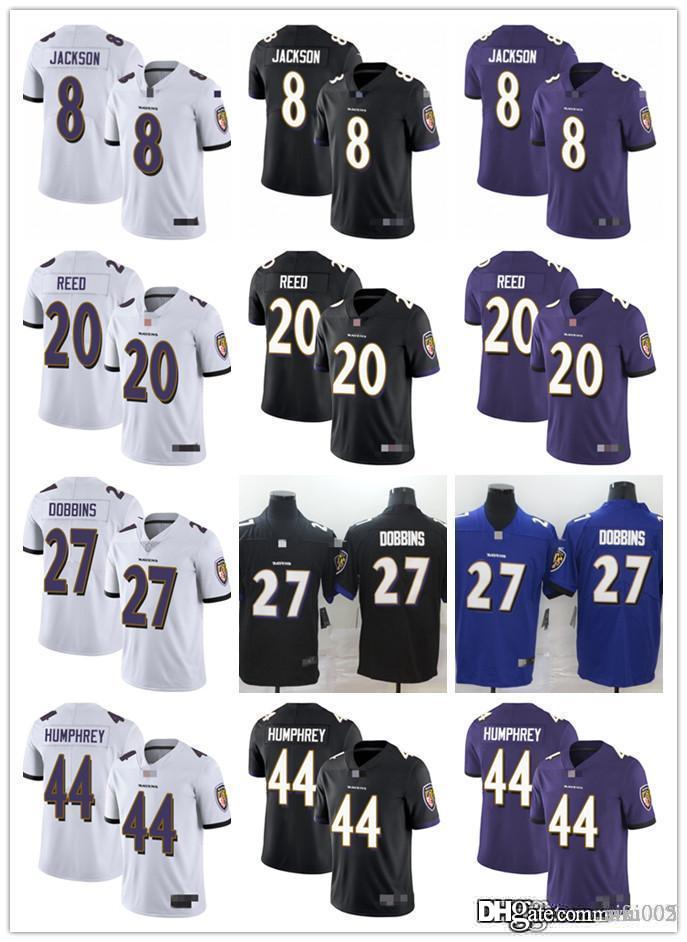 Mens Womens Youth Baltimore Ravens 8 Lamar Jackson 27 J.K. Dobbins 20 Ed Reed 44 Marlon Humphrey Football Jerseys, Black;red