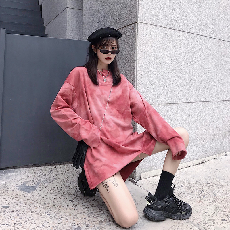 Harajuku Women shirt Streetwear Korean Style Loose Tie-dye hoodies Red Purple Blue O- neck Hip hop hoosies Femal Personality T200525
