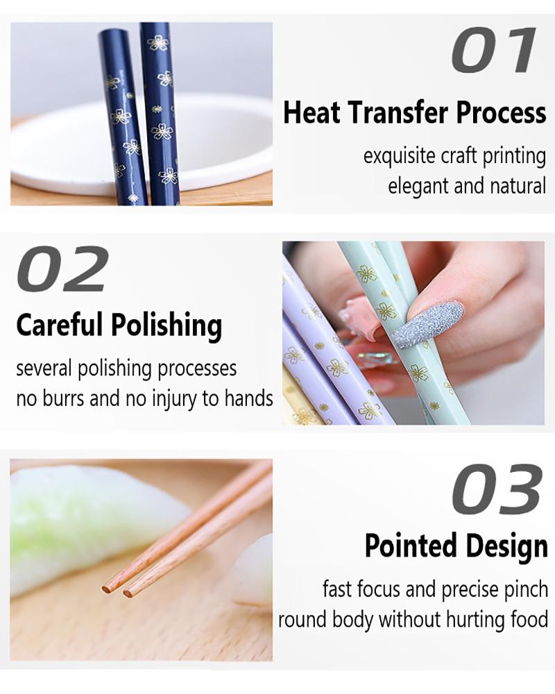 Chopsticks 5 Pairs Of Japanese-style Small Floral Wooden Heat Transfer Pointed Sushi Tableware Kitchen