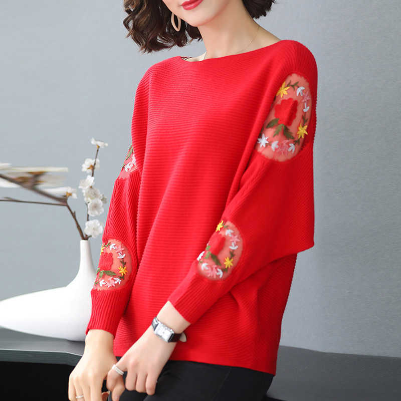 Flower Embroidery Batwing Sleeve O-Neck Spring Sweaters Women Casual Loose Knitted Pullovers Large Size Knitwear Tops Female 210918