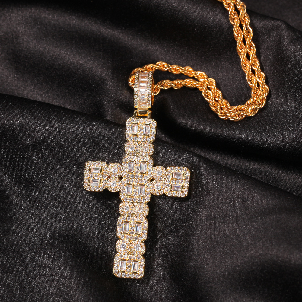 Hip Hop Cross Pendant Necklace Bling 18K Real Gold Plated Shining Crystal Zircon Religious Jewelry Men Women Gift