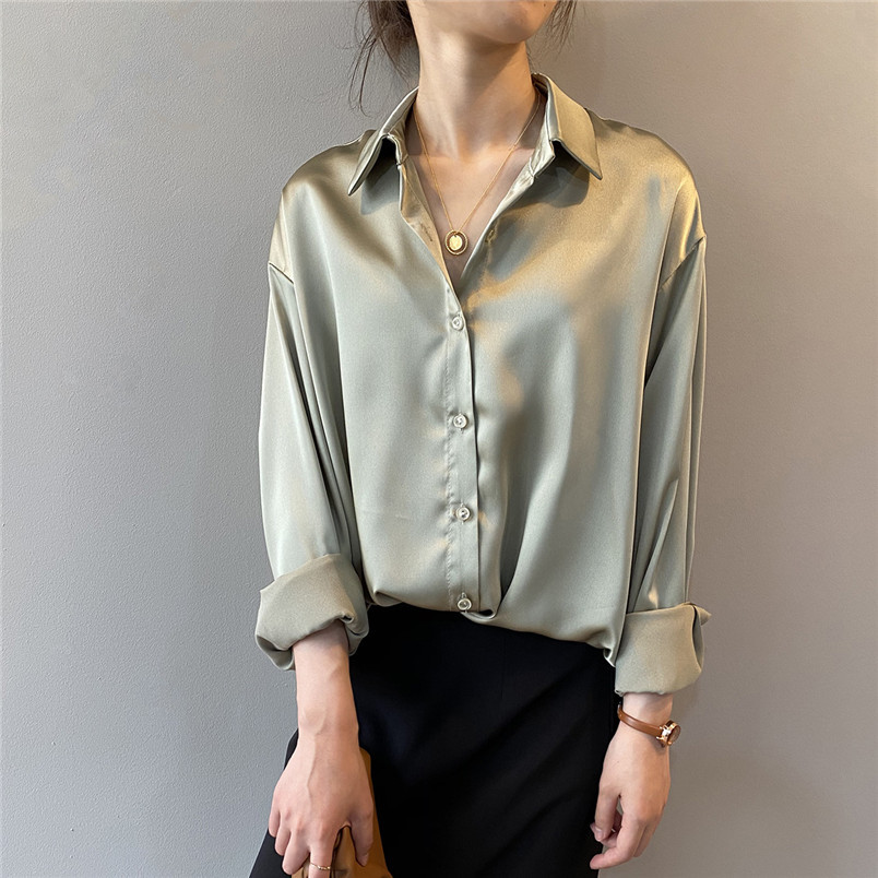 Autumn Women Satin Black Blouse Shirt Vintage Long Sleeves Femme V Neck Street Shirts Elegant Fashion Blouse Shirts 210225