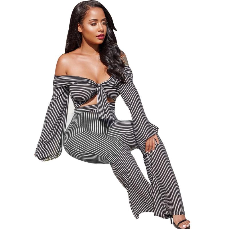 Women's Tracksuits High Fashion Striped Print Women Strapless Top With Pants Summer Suits