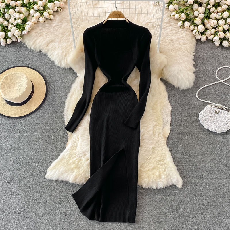 Autumn new design womens sexy retro square collar long sleeve solid color knitted vent jag maxi long dress