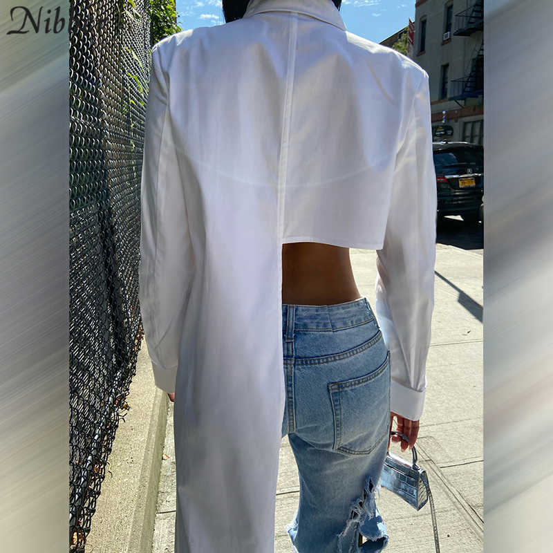 Nibber 2021 Spring New Women's Asymmetric Buttons Long Sleeve Shirt High Street Fashion Solid Color Left Side Super Long Shirt X0628