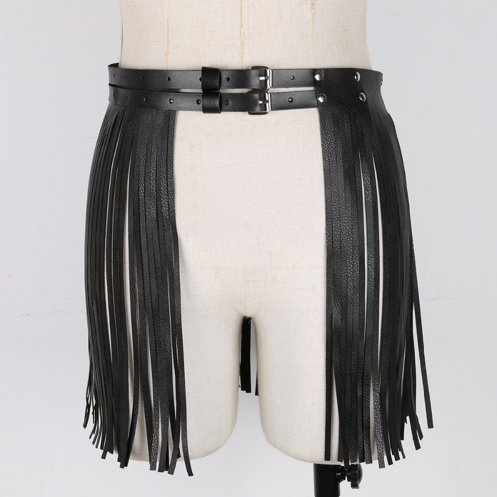 Womens Adult Adjustable Faux Leather Waistband Fringe Tassel Skirt Belt Nightclub Costume Cosplay Parties Skirts for Halloween 210309