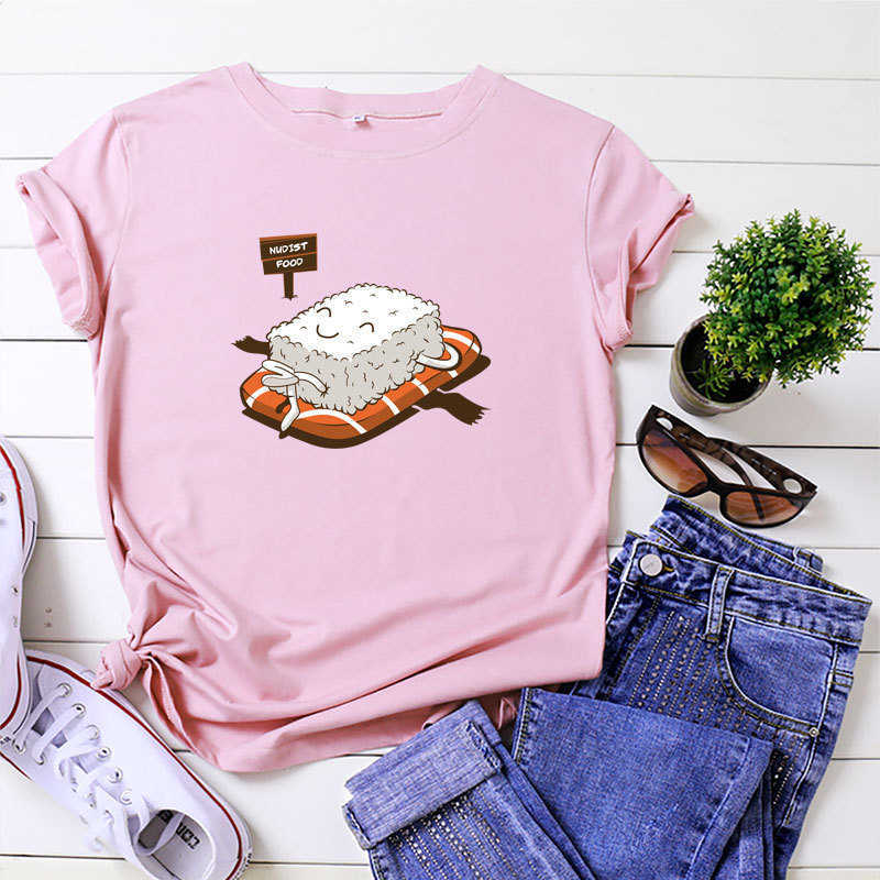 100% Cotton Cute Sushi Print Women T-Shirt Casual Loose Short Sleeve Fashion Harajuku Ladies Tees Top W878 210526