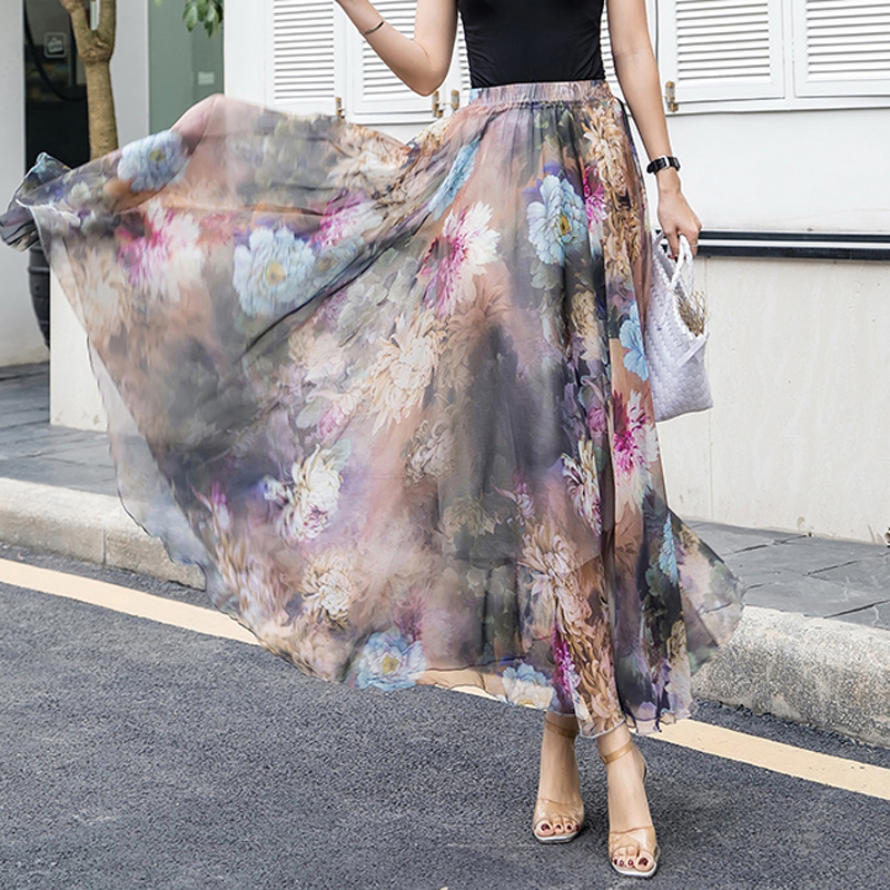 Womens Elastic Waist Chiffon Elegant Long Ladies Beach Holiday Floral 8M Big-Swing Streetwear Female Bohemia Half-Long Skirt 210309