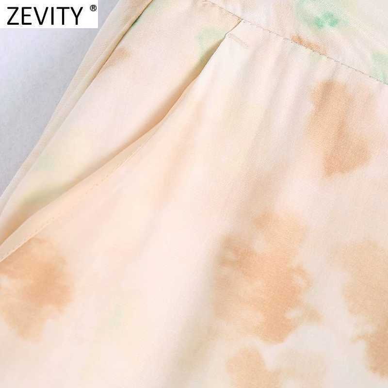 Zevity Women Vintage Tie Dyed Print Casual Straight Pants Retro Female Chic Color Match Side Zipper Pockets Long Trousers P1110 210603
