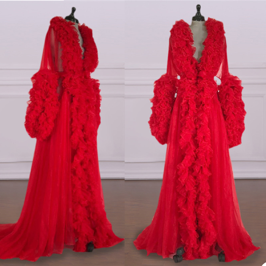 Summer Sexy Wedding Robes Women Tiered Ruffles Long Sleeve Dress Robe Formal Event Overlay Sleepwear Nightgowns